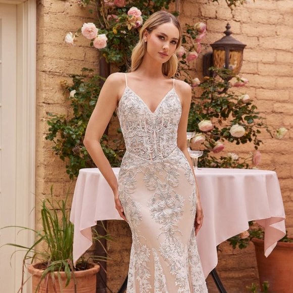 NEW LONG OFF SHOULDER SLEEVELESS WEDDING DRESS EMBROIDERED WITH LACE CD J859W - Picture 1 of 9